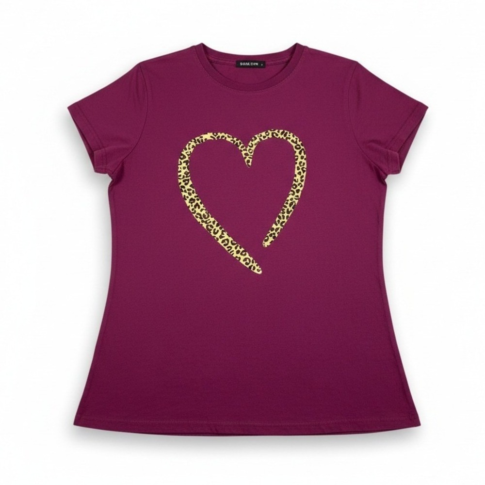 SHEIN Womens XL Maroon Leopard Print‎ Heart Graphic Tee 100% Cotton Short Sleeve